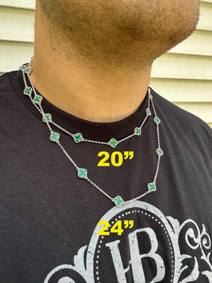 Cleef Clover Link Chain Necklace Or Bracelet Natural Green Malachite Motifs - 925 Sterling Silver - 5.5"-24"