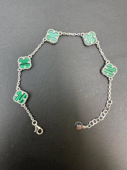 Cleef Clover Link Chain Necklace Or Bracelet Natural Green Malachite Motifs - 925 Sterling Silver - 5.5"-24"