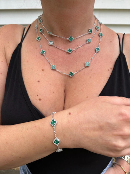 Cleef Clover Link Chain Necklace Or Bracelet Natural Green Malachite Motifs - 925 Sterling Silver - 5.5"-24"