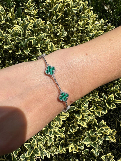 Cleef Clover Link Chain Necklace Or Bracelet Natural Green Malachite Motifs - 925 Sterling Silver - 5.5"-24"