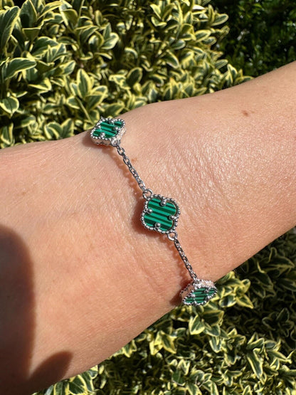 Cleef Clover Link Chain Necklace Or Bracelet Natural Green Malachite Motifs - 925 Sterling Silver - 5.5"-24"