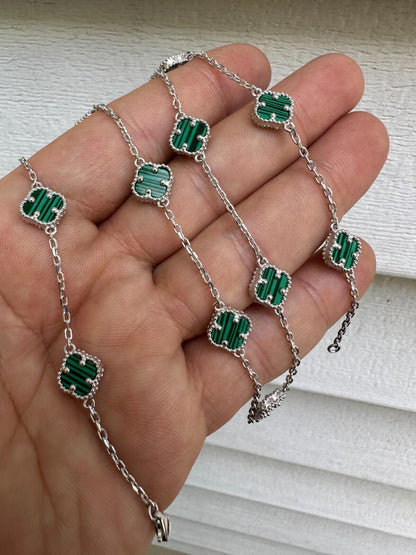 Cleef Clover Link Chain Necklace Or Bracelet Natural Green Malachite Motifs - 925 Sterling Silver - 5.5"-24"