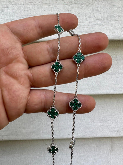 Cleef Clover Link Chain Necklace Or Bracelet Natural Green Malachite Motifs - 925 Sterling Silver - 5.5"-24"