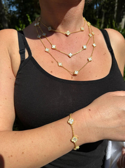 Cleef Clover Link Chain Necklace Or Bracelet Natural Mother Of Pearl Motifs - 925 Sterling Silver - 5.5"-24"