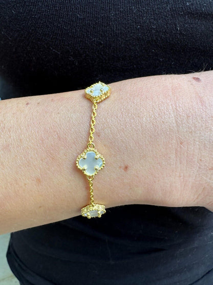 Cleef Clover Link Chain Necklace Or Bracelet Natural Mother Of Pearl Motifs - 925 Sterling Silver - 5.5"-24"