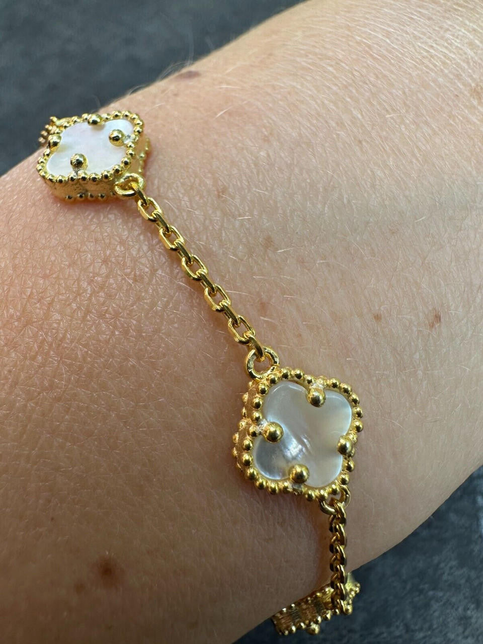 Cleef Clover Link Chain Necklace Or Bracelet Natural Mother Of Pearl Motifs - 925 Sterling Silver - 5.5"-24"