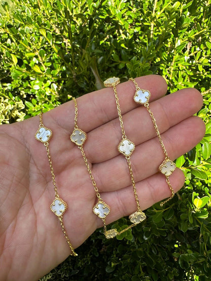 Cleef Clover Link Chain Necklace Or Bracelet Natural Mother Of Pearl Motifs - 925 Sterling Silver - 5.5"-24"