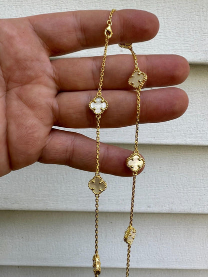 Cleef Clover Link Chain Necklace Or Bracelet Natural Mother Of Pearl Motifs - 925 Sterling Silver - 5.5"-24"