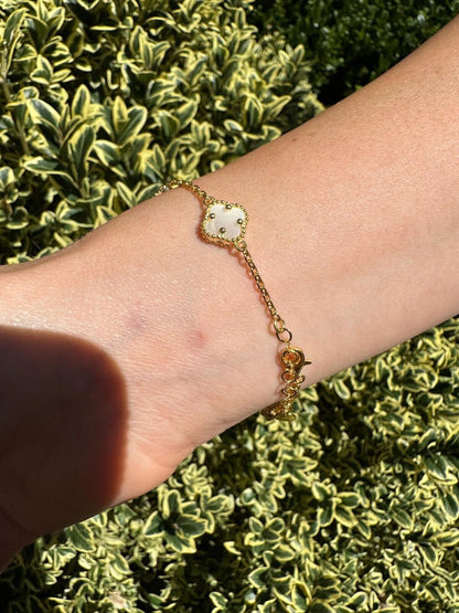 Cleef Clover Link Chain Necklace Or Bracelet Natural Mother Of Pearl Motifs - 925 Sterling Silver - 5.5"-24"