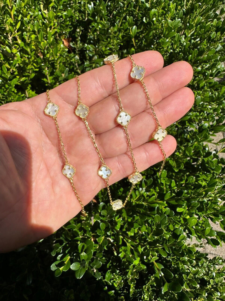 Cleef Clover Link Chain Necklace Or Bracelet Natural Mother Of Pearl Motifs - 925 Sterling Silver - 5.5"-24"