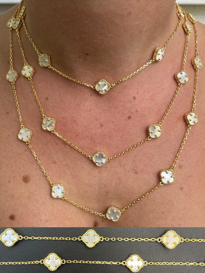 Cleef Clover Link Chain Necklace Or Bracelet Natural Mother Of Pearl Motifs - 925 Sterling Silver - 5.5"-24"