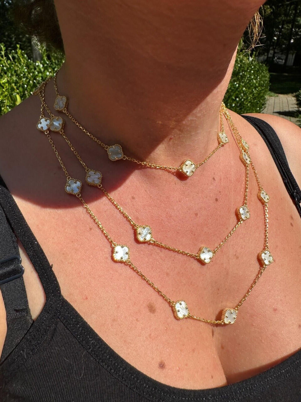 Cleef Clover Link Chain Necklace Or Bracelet Natural Mother Of Pearl Motifs - 925 Sterling Silver - 5.5"-24"