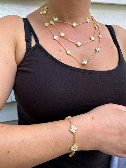 Cleef Clover Link Chain Necklace Or Bracelet Natural Mother Of Pearl Motifs - 925 Sterling Silver - 5.5"-24"