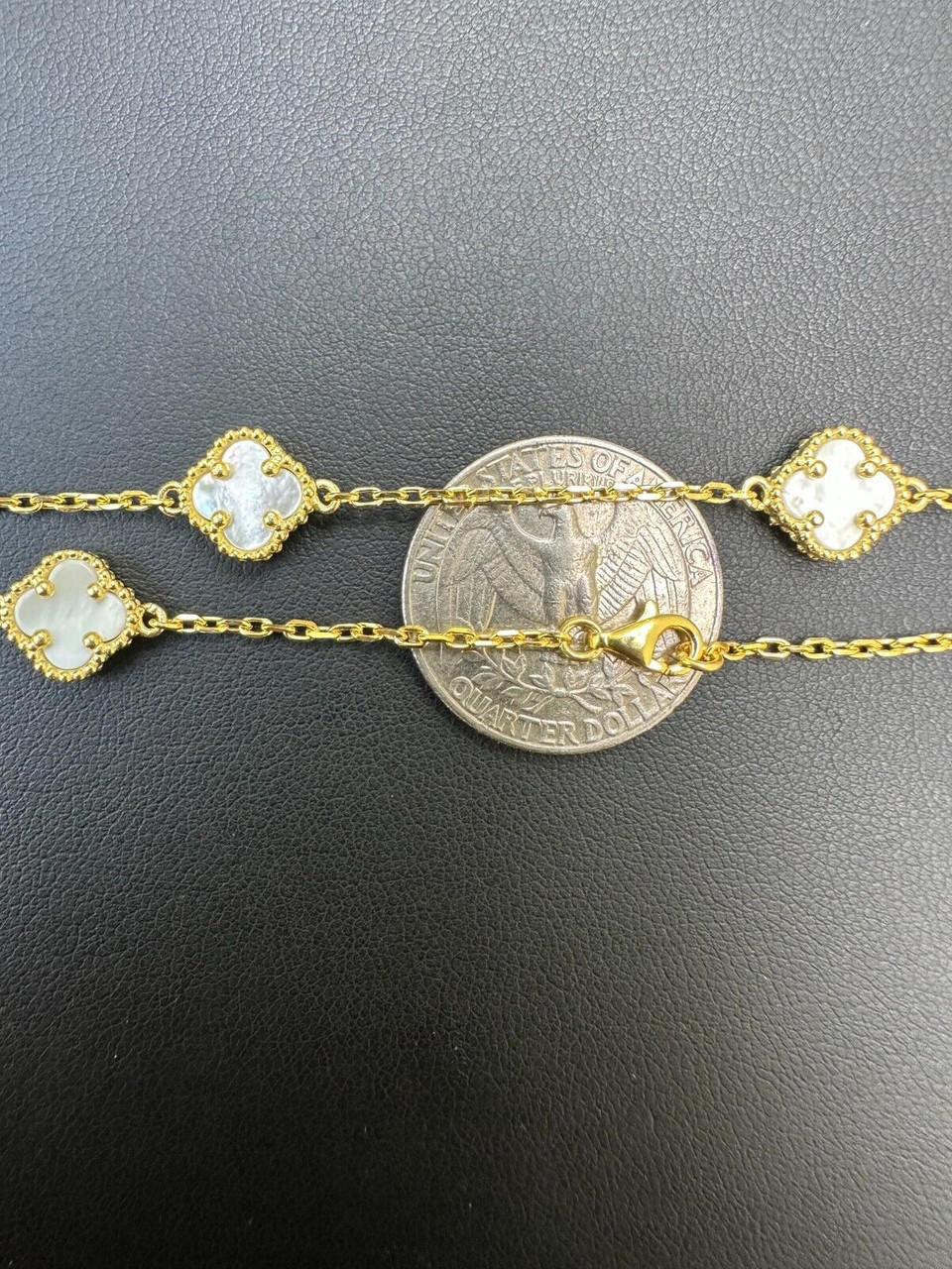 Cleef Clover Link Chain Necklace Or Bracelet Natural Mother Of Pearl Motifs - 925 Sterling Silver - 5.5"-24"