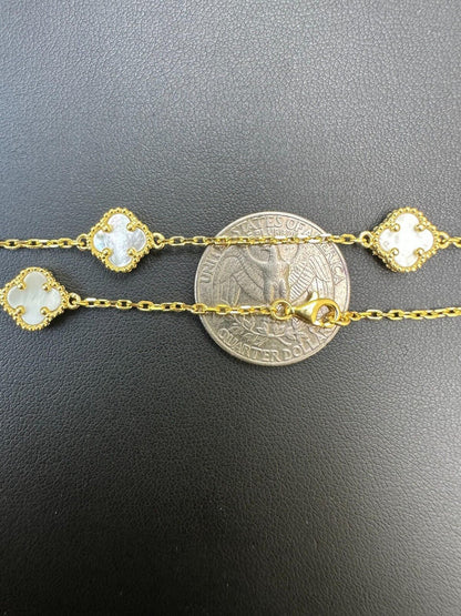 Cleef Clover Link Chain Necklace Or Bracelet Natural Mother Of Pearl Motifs - 925 Sterling Silver - 5.5"-24"