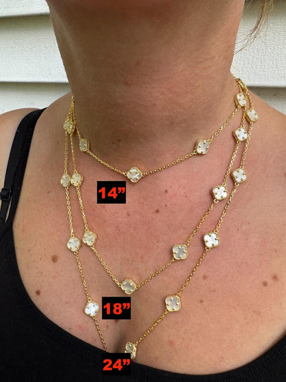 Cleef Clover Link Chain Necklace Or Bracelet Natural Mother Of Pearl Motifs - 925 Sterling Silver - 5.5"-24"