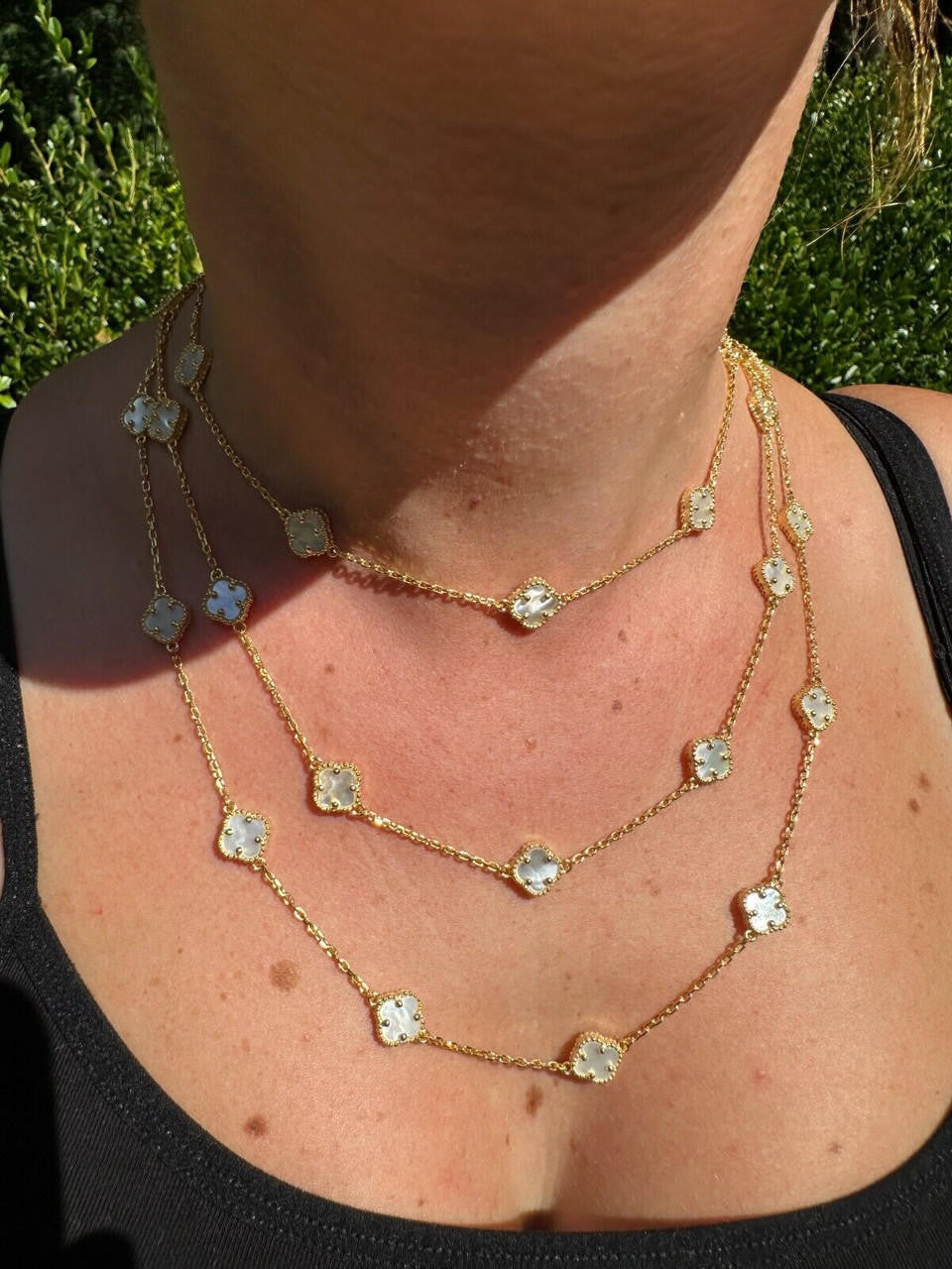 Cleef Clover Link Chain Necklace Or Bracelet Natural Mother Of Pearl Motifs - 925 Sterling Silver - 5.5"-24"