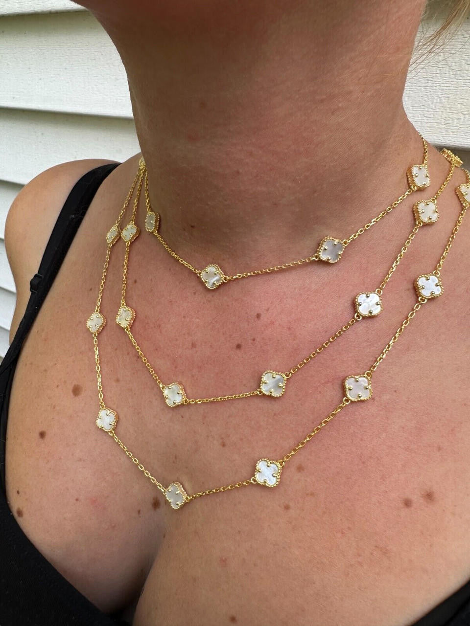 Cleef Clover Link Chain Necklace Or Bracelet Natural Mother Of Pearl Motifs - 925 Sterling Silver - 5.5"-24"