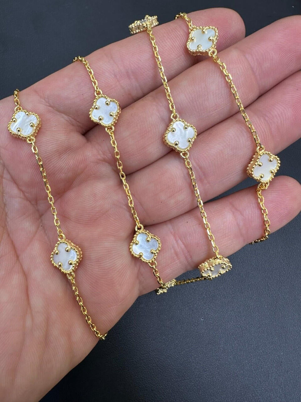 Cleef Clover Link Chain Necklace Or Bracelet Natural Mother Of Pearl Motifs - 925 Sterling Silver - 5.5"-24"