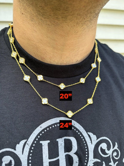 Cleef Clover Link Chain Necklace Or Bracelet Natural Mother Of Pearl Motifs - 925 Sterling Silver - 5.5"-24"