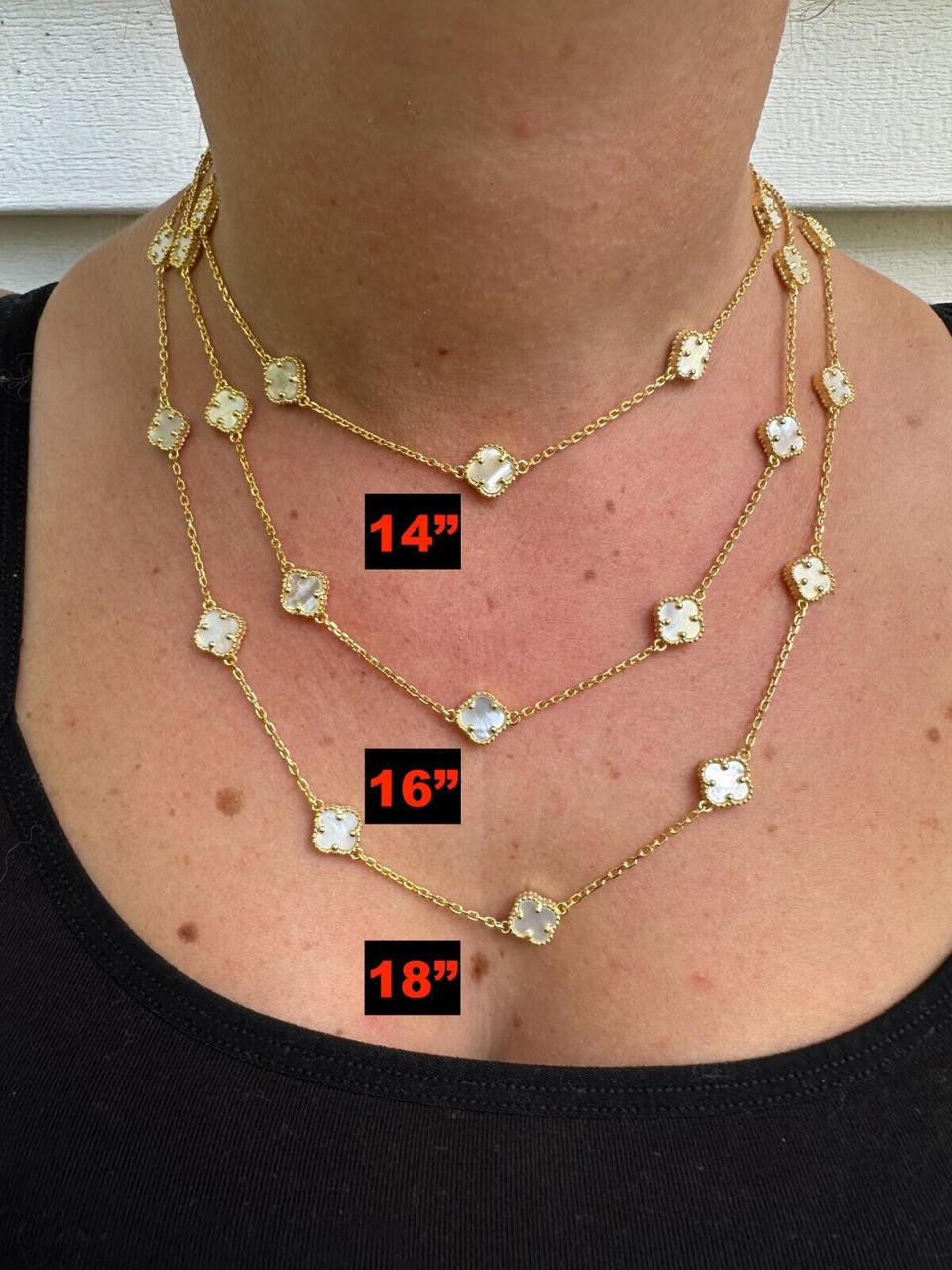 Cleef Clover Link Chain Necklace Or Bracelet Natural Mother Of Pearl Motifs - 925 Sterling Silver - 5.5"-24"