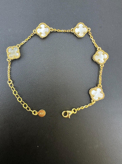 Cleef Clover Link Chain Necklace Or Bracelet Natural Mother Of Pearl Motifs - 925 Sterling Silver - 5.5"-24"