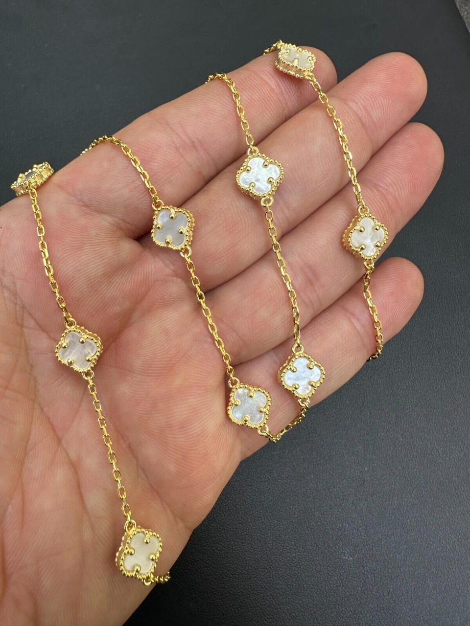 Cleef Clover Link Chain Necklace Or Bracelet Natural Mother Of Pearl Motifs - 925 Sterling Silver - 5.5"-24"