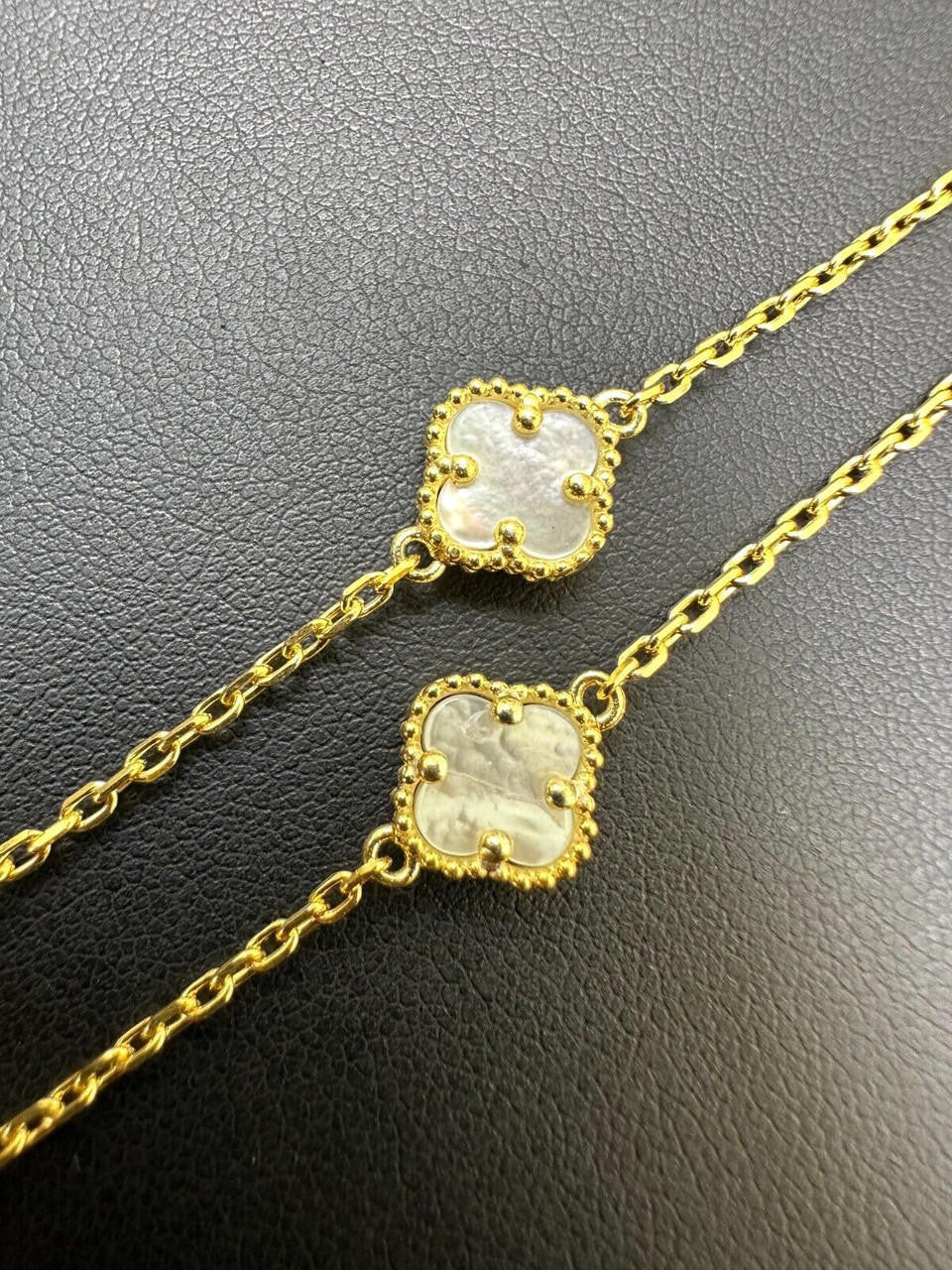 Cleef Clover Link Chain Necklace Or Bracelet Natural Mother Of Pearl Motifs - 925 Sterling Silver - 5.5"-24"