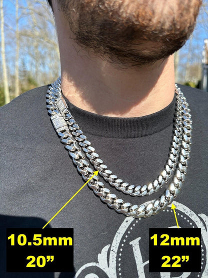MOISSANITE Baguette Iced Clasp Miami Cuban Link Chain Necklace - 925 Silver - 16"-30" - 5mm-12mm