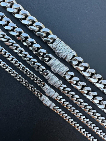 MOISSANITE Baguette Iced Clasp Miami Cuban Link Chain Necklace - 925 Silver - 16"-30" - 5mm-12mm