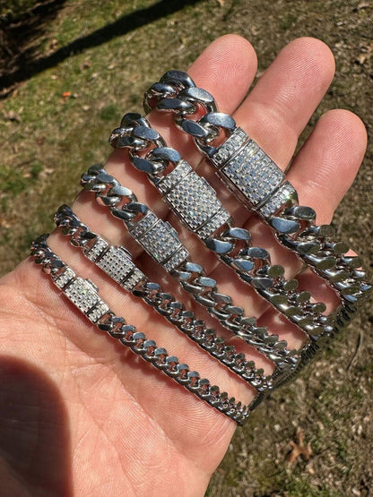 MOISSANITE Baguette Iced Clasp Miami Cuban Link Chain Necklace - 925 Silver - 16"-30" - 5mm-12mm