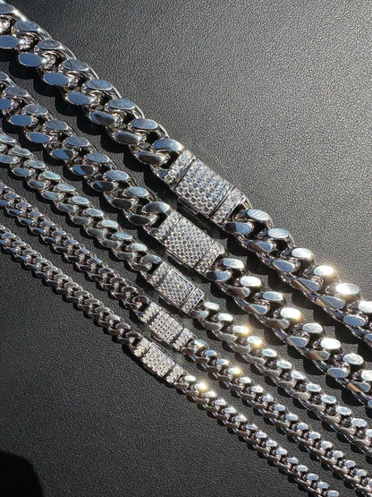 MOISSANITE Baguette Iced Clasp Miami Cuban Link Chain Necklace - 925 Silver - 16"-30" - 5mm-12mm