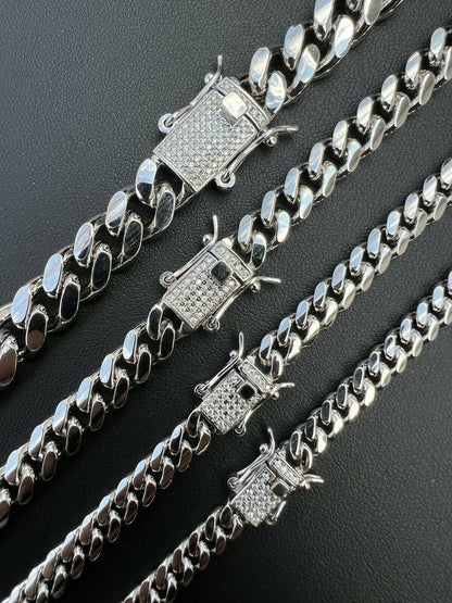 MOISSANITE Iced Clasp Miami Cuban Link Chain Necklace - 925 Silver - 16"-30" - 5mm-10.5mm