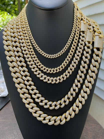 Classic Miami Cuban Link Chain Necklace Iced Out CZ Stones - 14k Gold Vermeil 925 Silver - 6mm-18mm - 16-30"