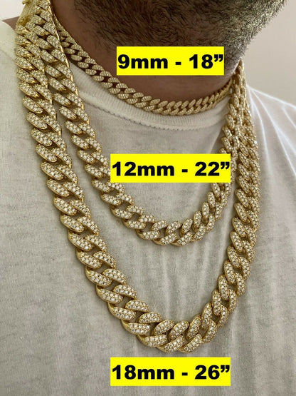 Classic Miami Cuban Link Chain Necklace Iced Out CZ Stones - 14k Gold Vermeil 925 Silver - 6mm-18mm - 16-30"