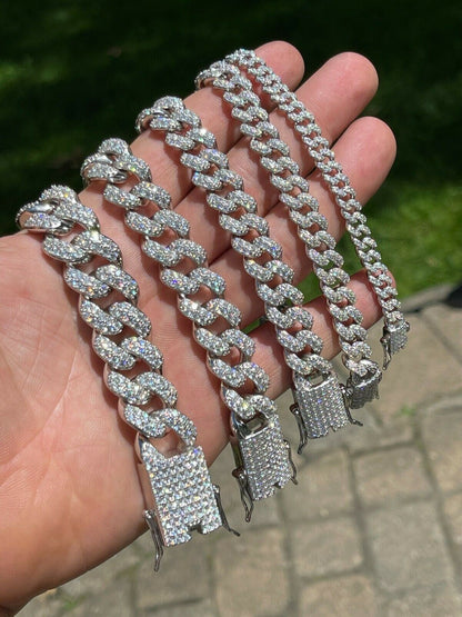 Classic Miami Cuban Link Chain Necklace Iced Out CZ Stones - 925 Silver - 6mm-18mm - 16-30"