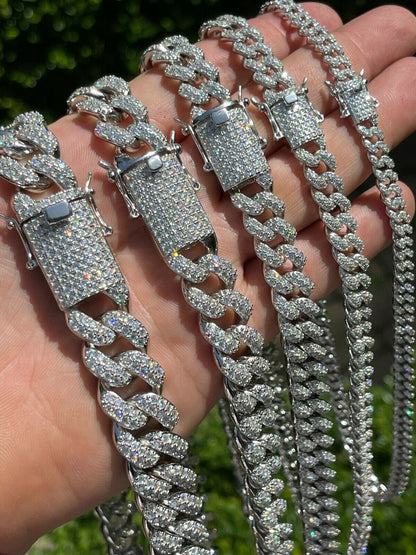 Classic Miami Cuban Link Chain Necklace Iced Out CZ Stones - 925 Silver - 6mm-18mm - 16-30"
