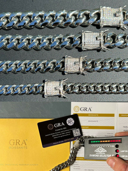 MOISSANITE CLASP Miami Cuban Link Chain Necklace - Stainless Steel W. 925 Silver Clasp - 16"-30" - 8mm-14mm