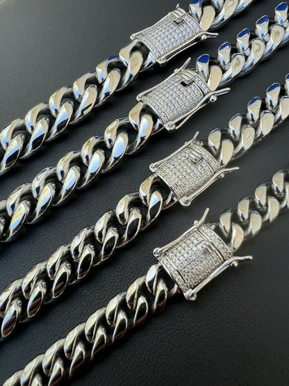 MOISSANITE CLASP Miami Cuban Link Chain Necklace - Stainless Steel W. 925 Silver Clasp - 16"-30" - 8mm-14mm