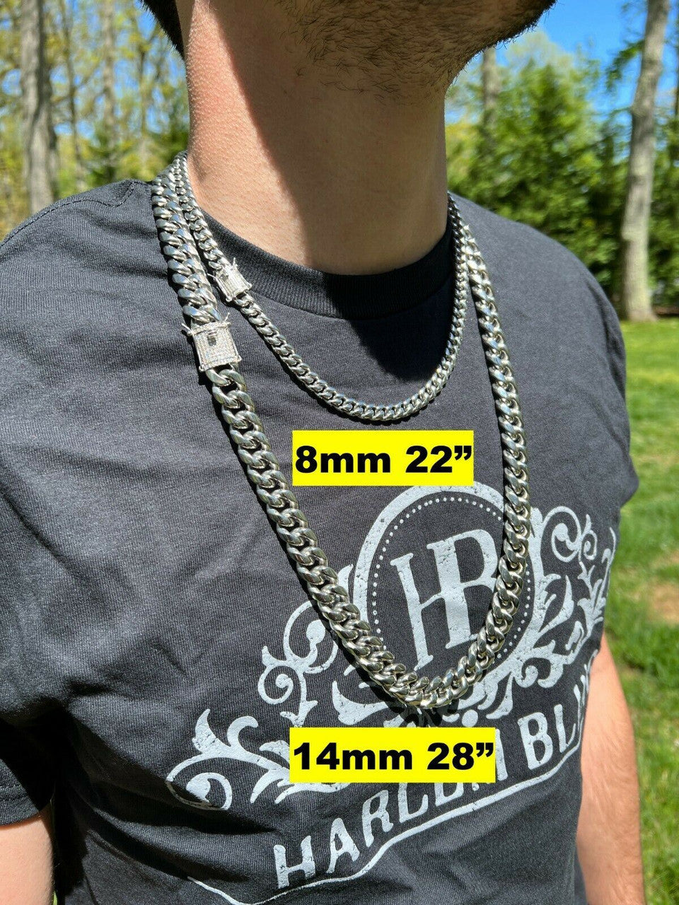 MOISSANITE CLASP Miami Cuban Link Chain Necklace - Stainless Steel W. 925 Silver Clasp - 16"-30" - 8mm-14mm