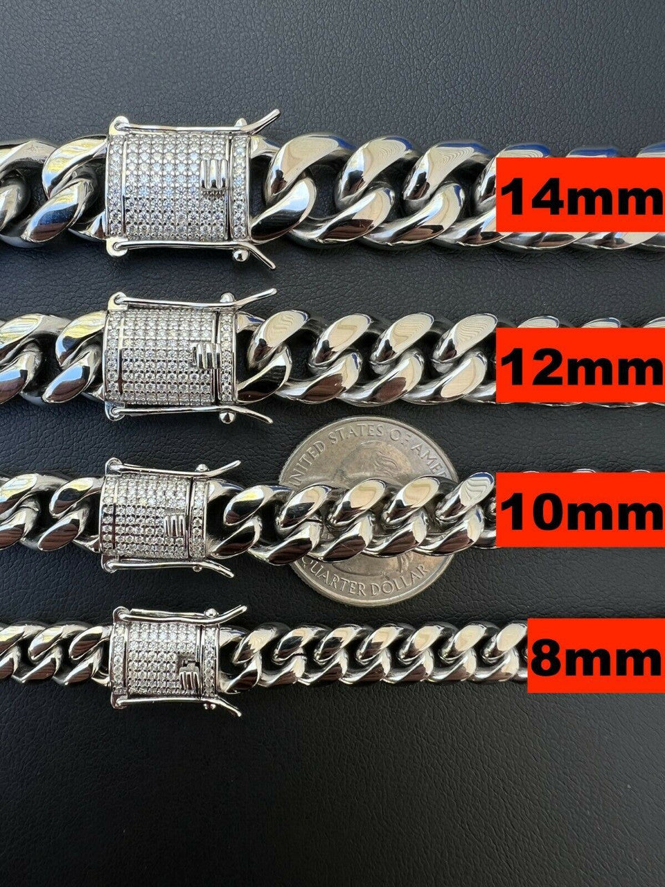 MOISSANITE CLASP Miami Cuban Link Chain Necklace - Stainless Steel W. 925 Silver Clasp - 16"-30" - 8mm-14mm
