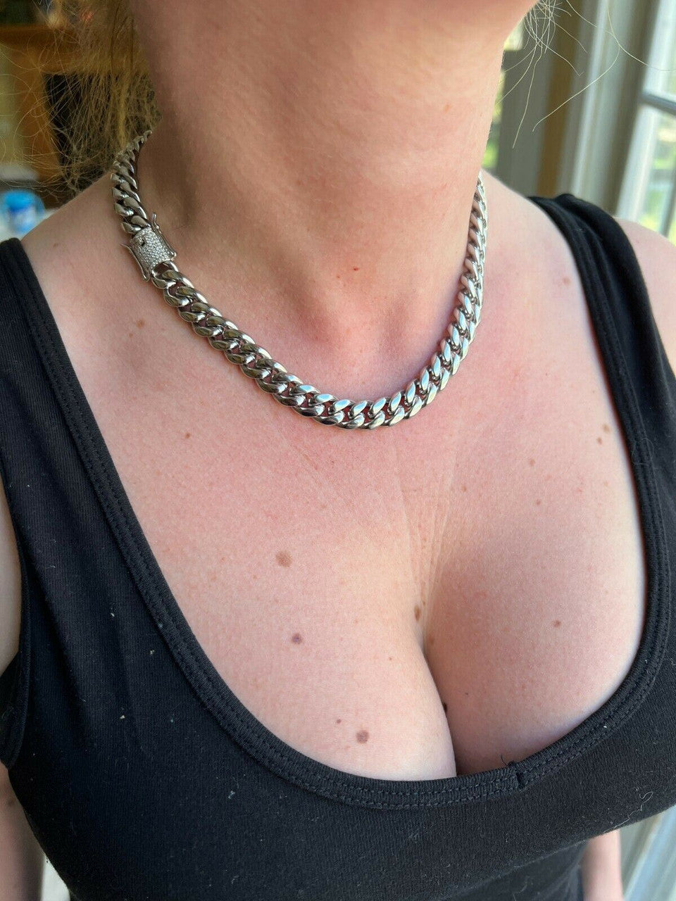 MOISSANITE CLASP Miami Cuban Link Chain Necklace - Stainless Steel W. 925 Silver Clasp - 16"-30" - 8mm-14mm