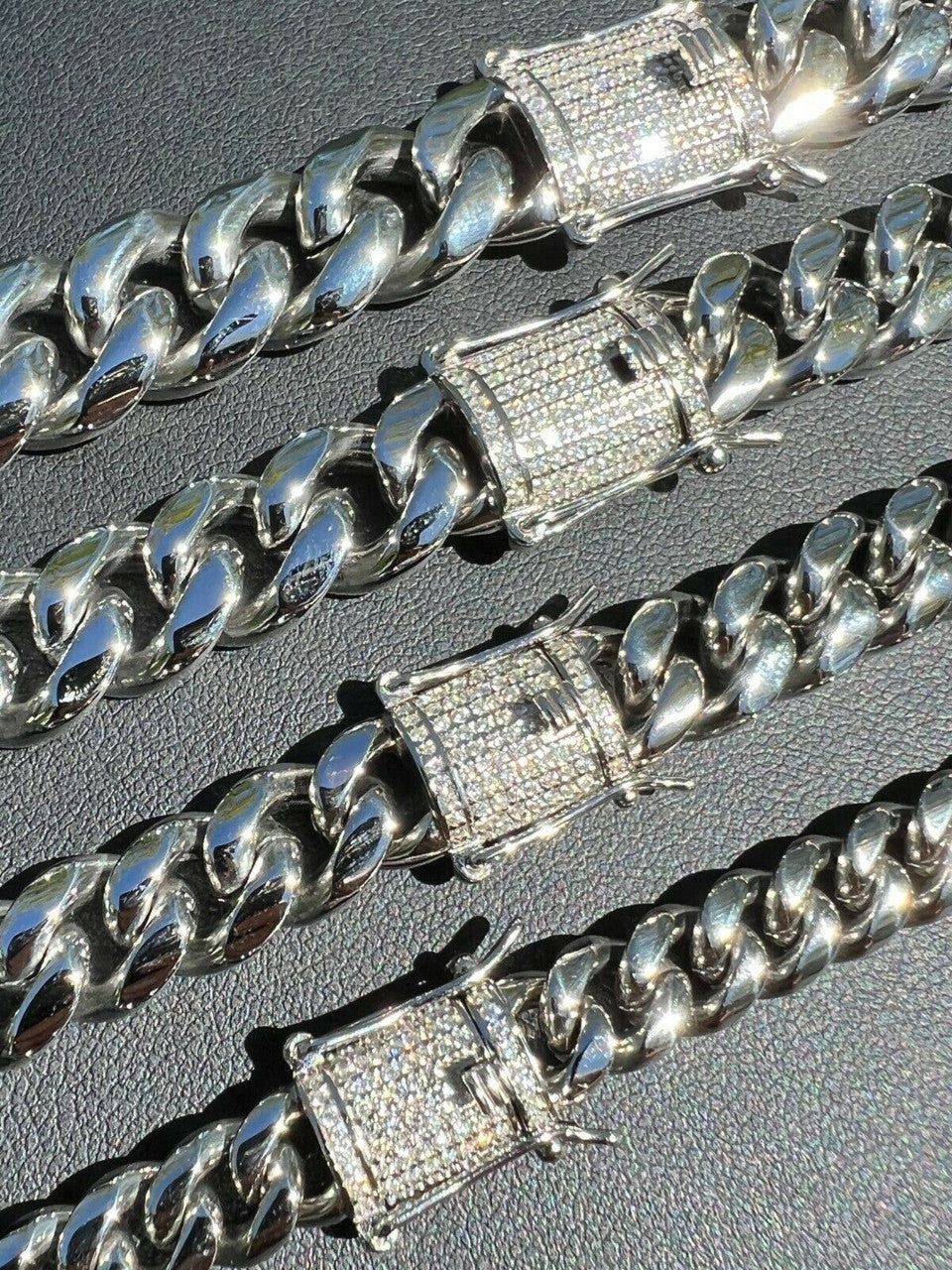 MOISSANITE CLASP Miami Cuban Link Chain Necklace - Stainless Steel W. 925 Silver Clasp - 16"-30" - 8mm-14mm