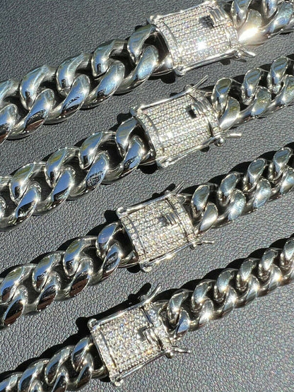 MOISSANITE CLASP Miami Cuban Link Chain Necklace - Stainless Steel W. 925 Silver Clasp - 16"-30" - 8mm-14mm