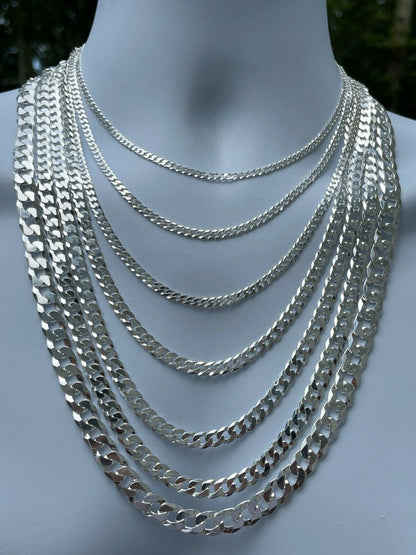 Flat Curb Cuban Chain Necklace - 925 Sterling Silver - 16"-30" - 3mm-10.5mm