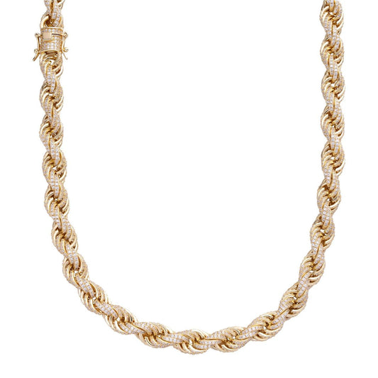 Rope Chain Necklace Iced Out CZ Stones - 14k Gold Vermeil 925 Silver - 9mm - 16-30"