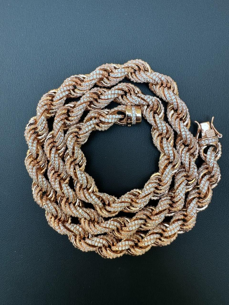 Rope Chain Necklace Iced Out CZ Stones - 14k Rose Gold Vermeil 925 Silver - 9mm - 16"-30"