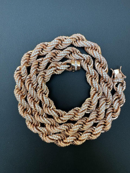Rope Chain Necklace Iced Out CZ Stones - 14k Rose Gold Vermeil 925 Silver - 9mm - 16"-30"