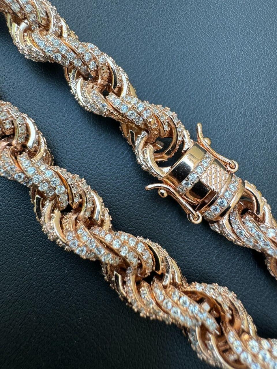 Rope Chain Necklace Iced Out CZ Stones - 14k Rose Gold Vermeil 925 Silver - 9mm - 16"-30"