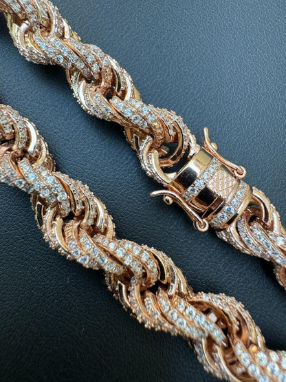 Rope Chain Necklace Iced Out CZ Stones - 14k Rose Gold Vermeil 925 Silver - 9mm - 16"-30"